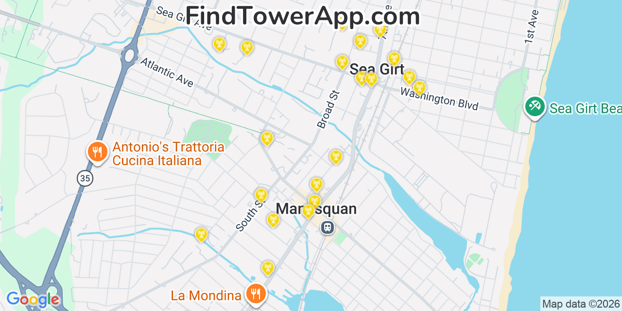 Map showing the 20 primary cell tower locations detected in Manasquan, New Jersey from AT&T, Verizon, and T-Mobile networks