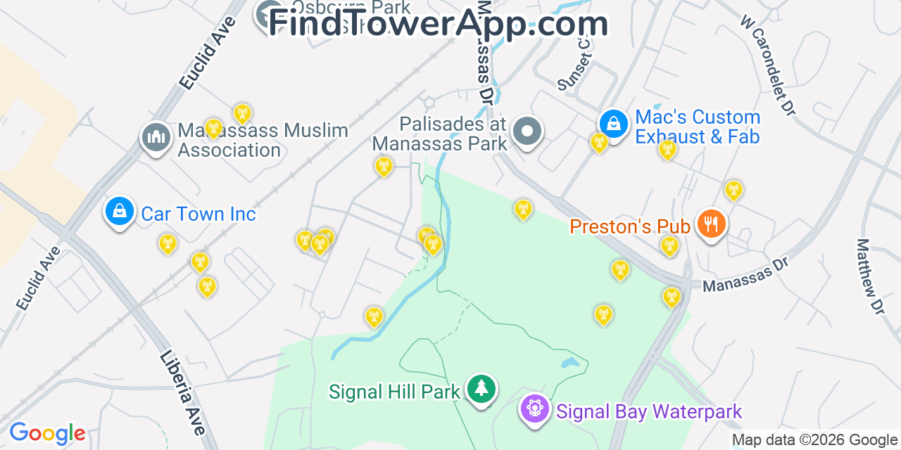 Map showing the 20 primary cell tower locations detected in Manassas Park, Virginia from AT&T, Verizon, and T-Mobile networks