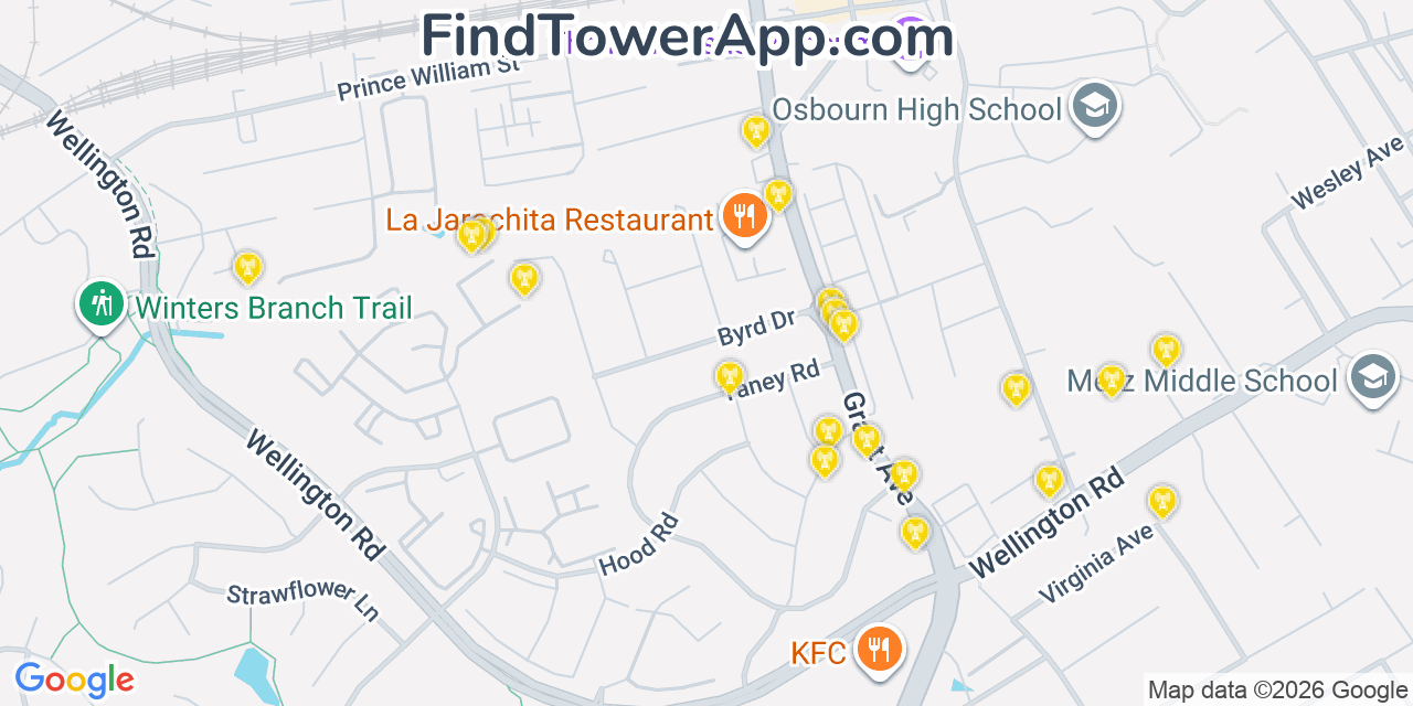 Map showing the 20 primary cell tower locations detected in Manassas, Virginia from AT&T, Verizon, and T-Mobile networks
