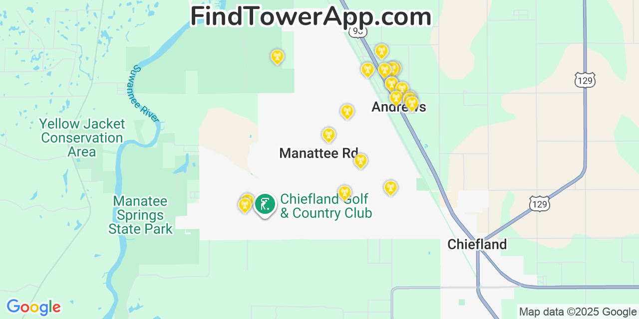 Map showing the 20 primary cell tower locations detected in Manatee Road, Florida from AT&T, Verizon, and T-Mobile networks