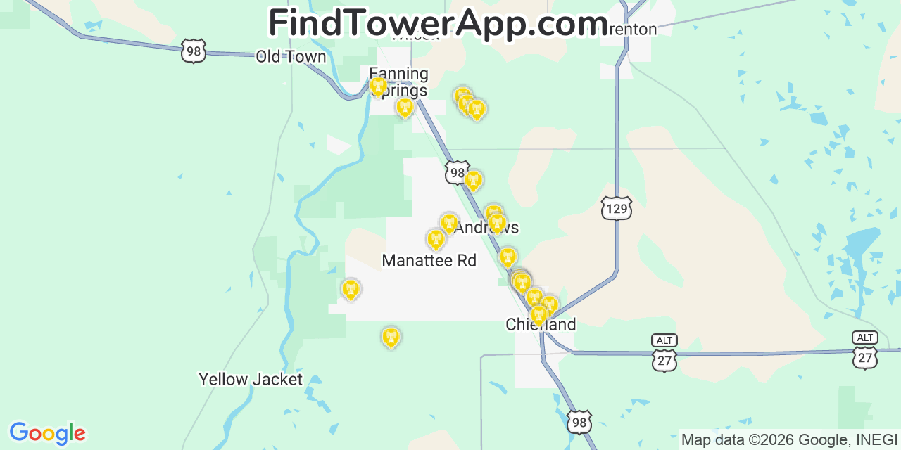 Map showing the 20 primary cell tower locations detected in Manatee Road, Florida from AT&T, Verizon, and T-Mobile networks