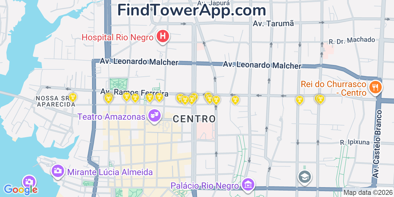 Map showing the 20 primary Brasil Telecom cell tower locations in Manaus, Brazil