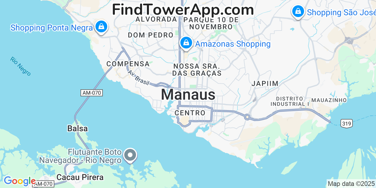 Map showing the 0 primary Claro cell tower locations detected in Manaus, Brazil with coverage radius and signal strength indicators
