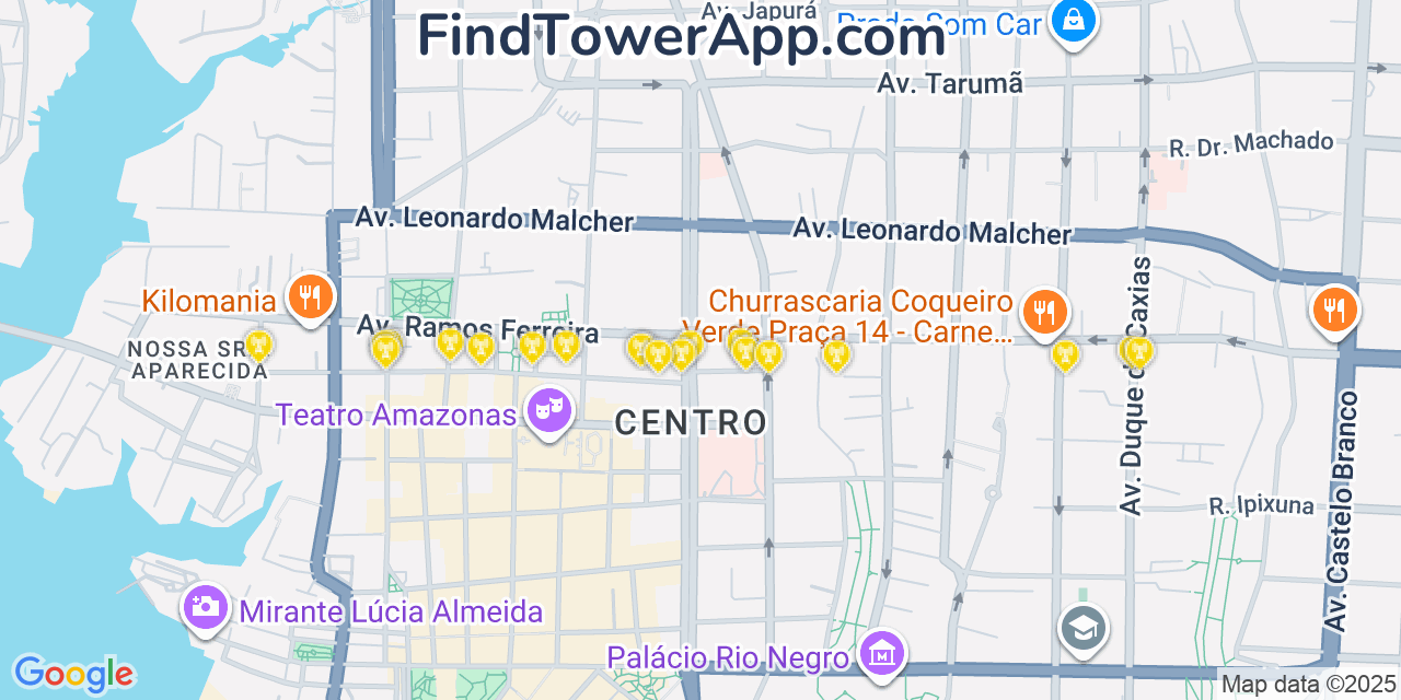 Map showing the 20 primary cell tower locations detected in Manaus, Brazil with coverage areas and signal strength