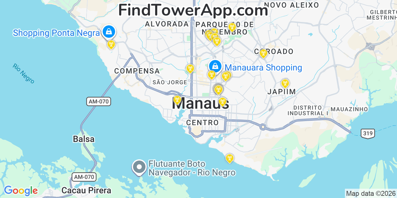 Map showing the 21 primary NII Holdings cell tower locations in Manaus, Brazil