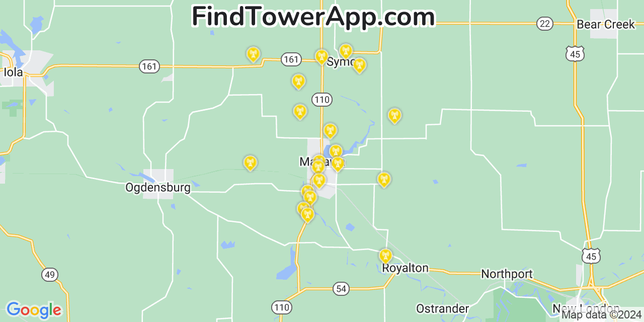 AT&T 4G/5G cell tower coverage map Manawa, Wisconsin