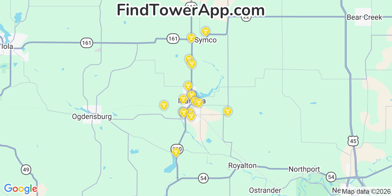 Map showing the 20 primary cell tower locations detected in Manawa, Wisconsin from AT&T, Verizon, and T-Mobile networks
