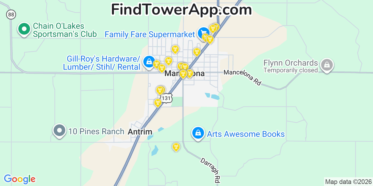 Map showing the 20 primary cell tower locations detected in Mancelona, Michigan from AT&T, Verizon, and T-Mobile networks
