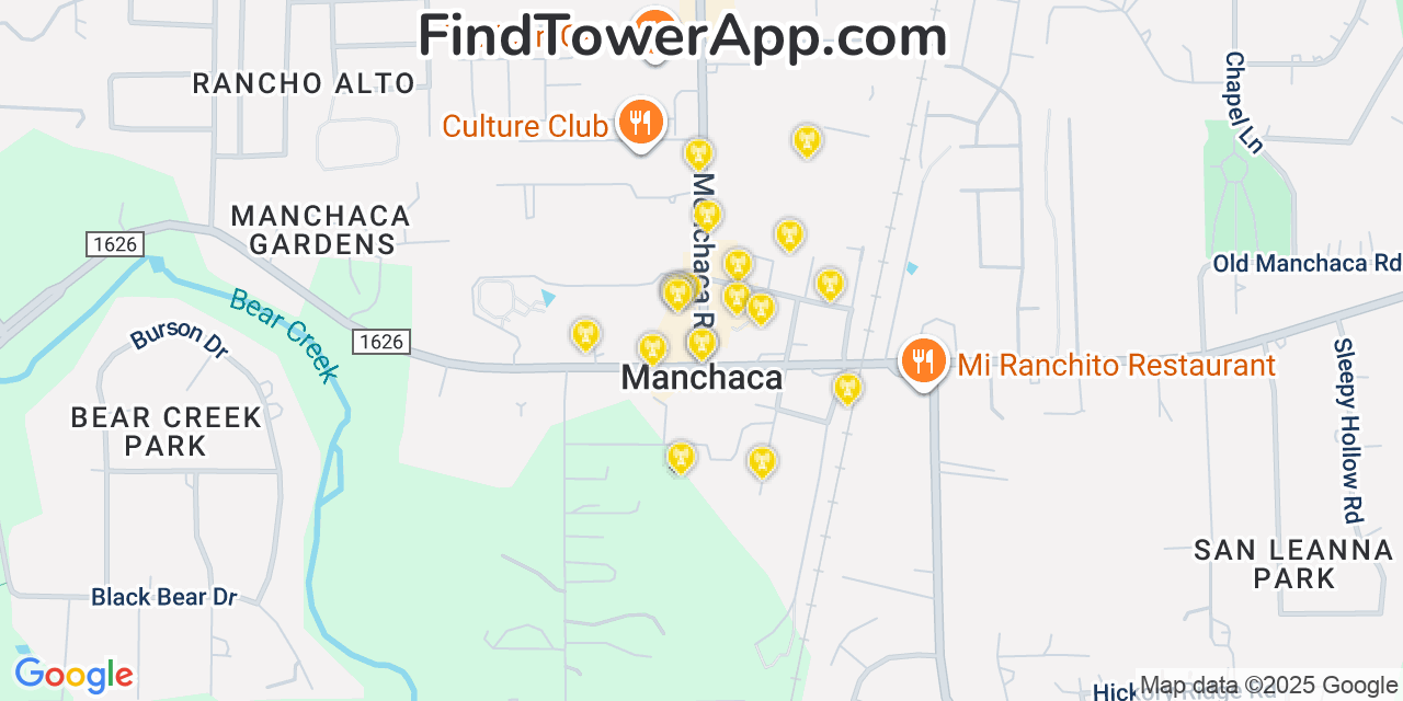 Map showing the 20 primary cell tower locations detected in Manchaca, Texas from AT&T, Verizon, and T-Mobile networks