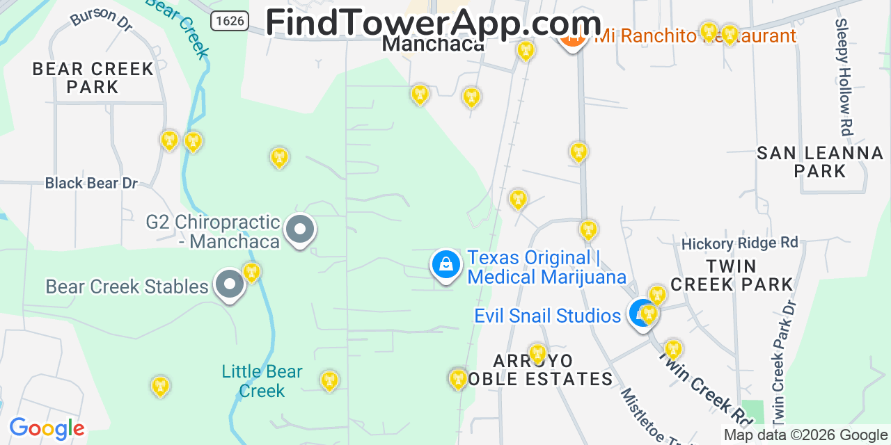 Map showing the 20 primary cell tower locations detected in Manchaca, Texas from AT&T, Verizon, and T-Mobile networks