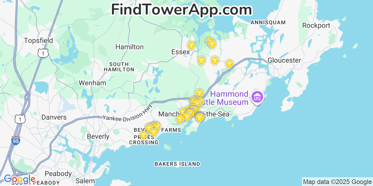 Map showing the 36 primary AT&T cell tower locations detected in Manchester By The Sea, Massachusetts with coverage radius and signal strength indicators