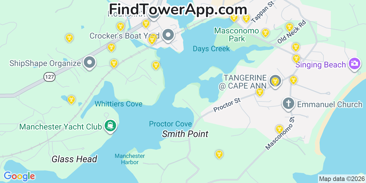 Map showing the 20 primary cell tower locations detected in Manchester By The Sea, Massachusetts from AT&T, Verizon, and T-Mobile networks