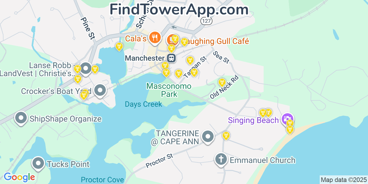 Map showing the 20 primary T-Mobile cell tower locations detected in Manchester By The Sea, Massachusetts with coverage radius and signal strength indicators