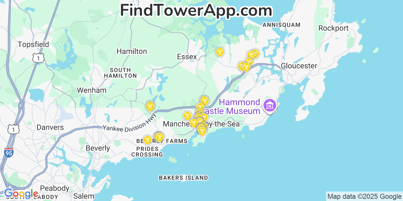 Map showing the 34 primary Verizon cell tower locations detected in Manchester By The Sea, Massachusetts with coverage radius and signal strength indicators