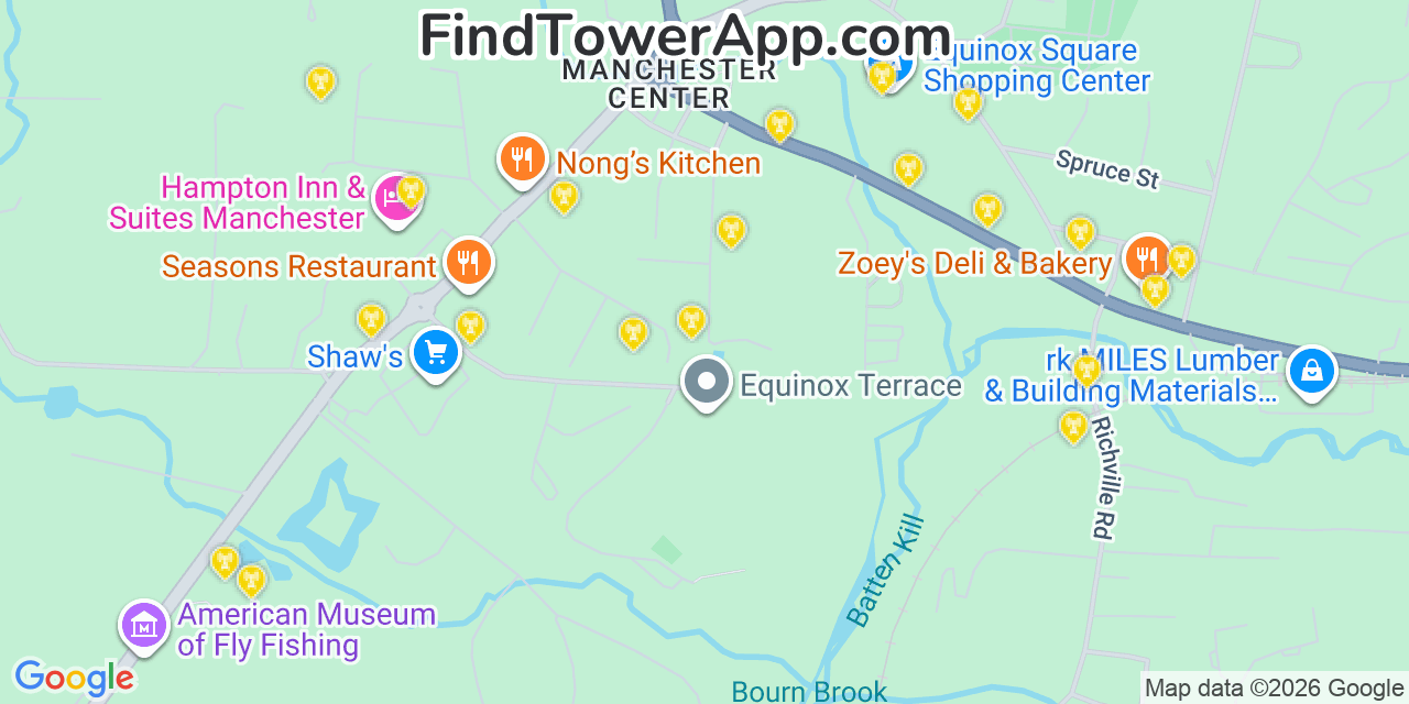 Map showing the 20 primary cell tower locations detected in Manchester Center, Vermont from AT&T, Verizon, and T-Mobile networks