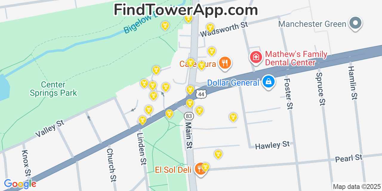 Map showing the 20 primary cell tower locations detected in Manchester, Connecticut from AT&T, Verizon, and T-Mobile networks