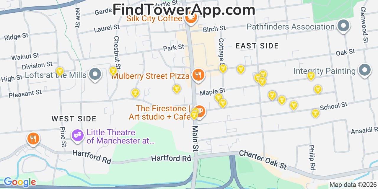 Map showing the 20 primary cell tower locations detected in Manchester, Connecticut from AT&T, Verizon, and T-Mobile networks