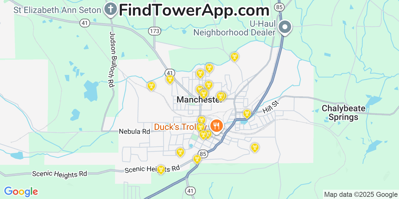 Map showing the 20 primary cell tower locations detected in Manchester, Georgia from AT&T, Verizon, and T-Mobile networks