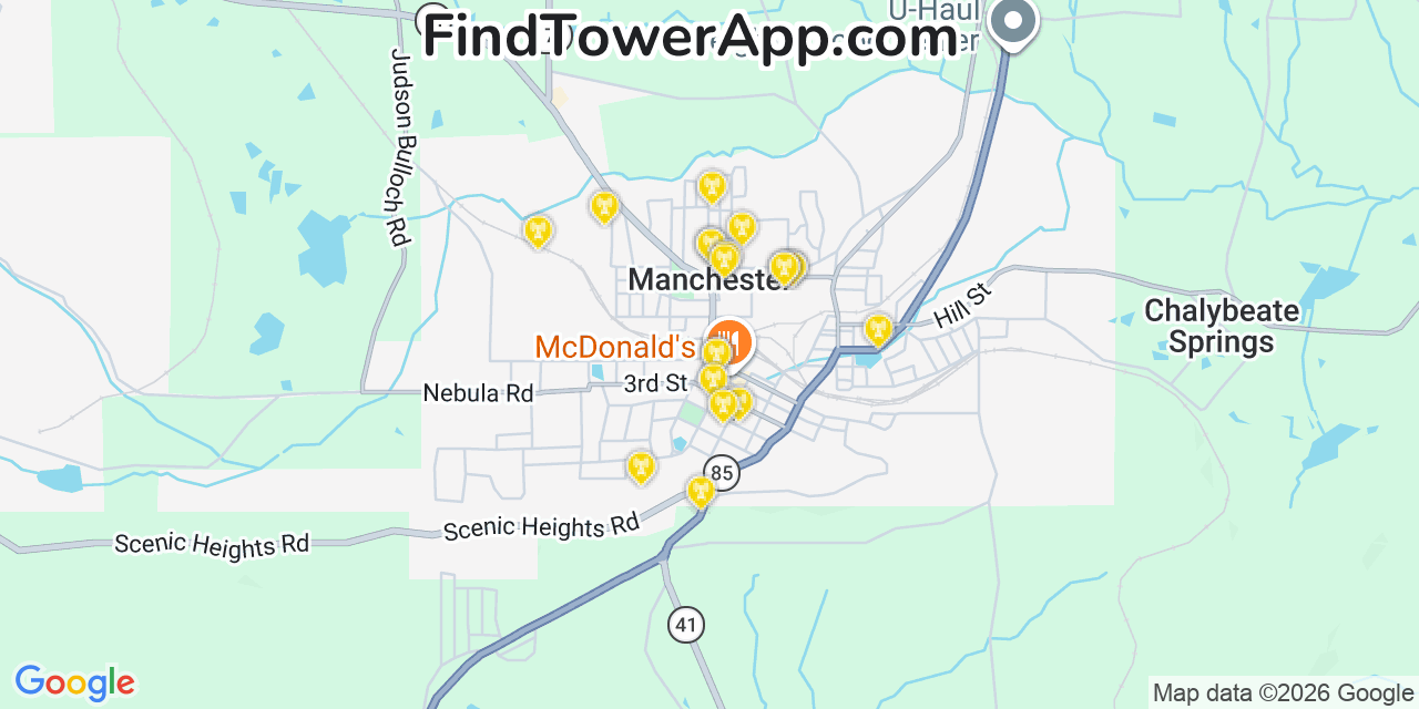 Map showing the 20 primary cell tower locations detected in Manchester, Georgia from AT&T, Verizon, and T-Mobile networks