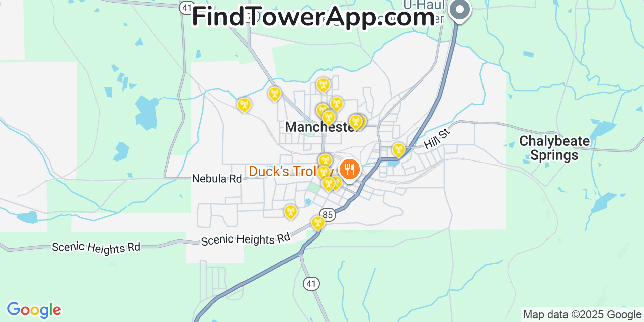 Map showing the 20 primary Mobitel cell tower locations detected in Manchester, Georgia with coverage radius and signal strength indicators