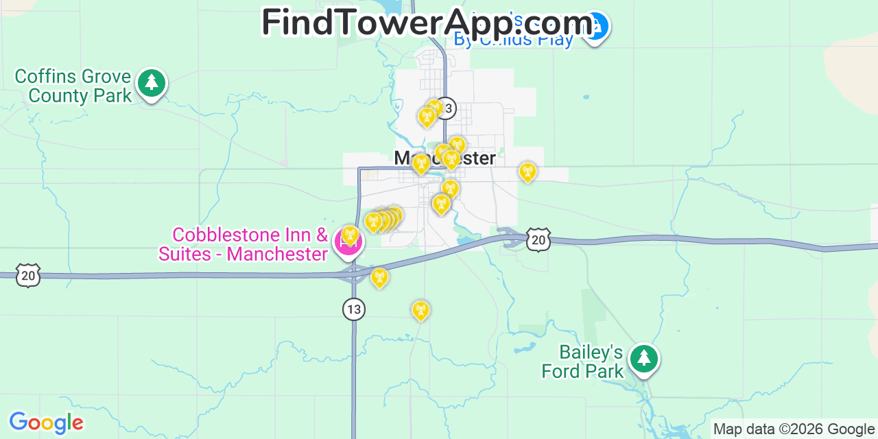 Map showing the 20 primary cell tower locations detected in Manchester, Iowa from AT&T, Verizon, and T-Mobile networks