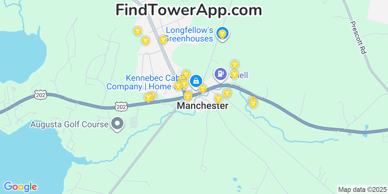 Map showing the 20 primary cell tower locations detected in Manchester, Maine from AT&T, Verizon, and T-Mobile networks