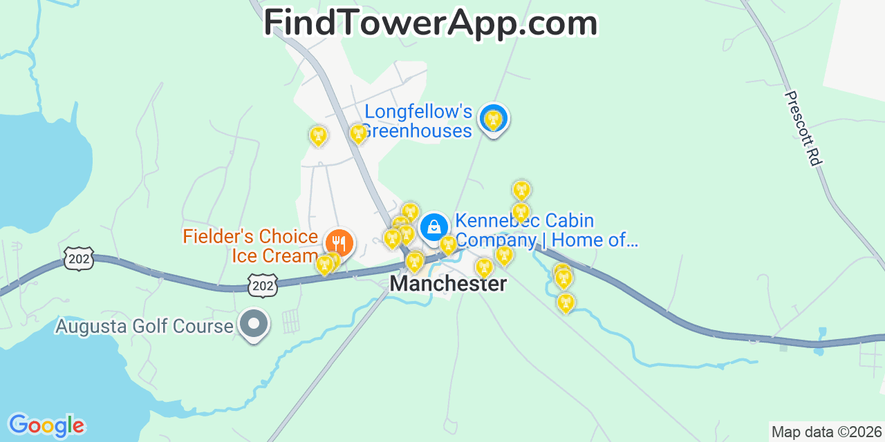 Map showing the 20 primary cell tower locations detected in Manchester, Maine from AT&T, Verizon, and T-Mobile networks