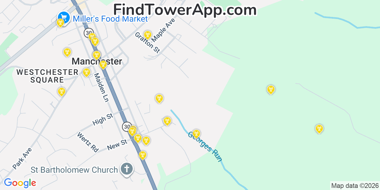 Map showing the 20 primary cell tower locations detected in Manchester, Maryland from AT&T, Verizon, and T-Mobile networks