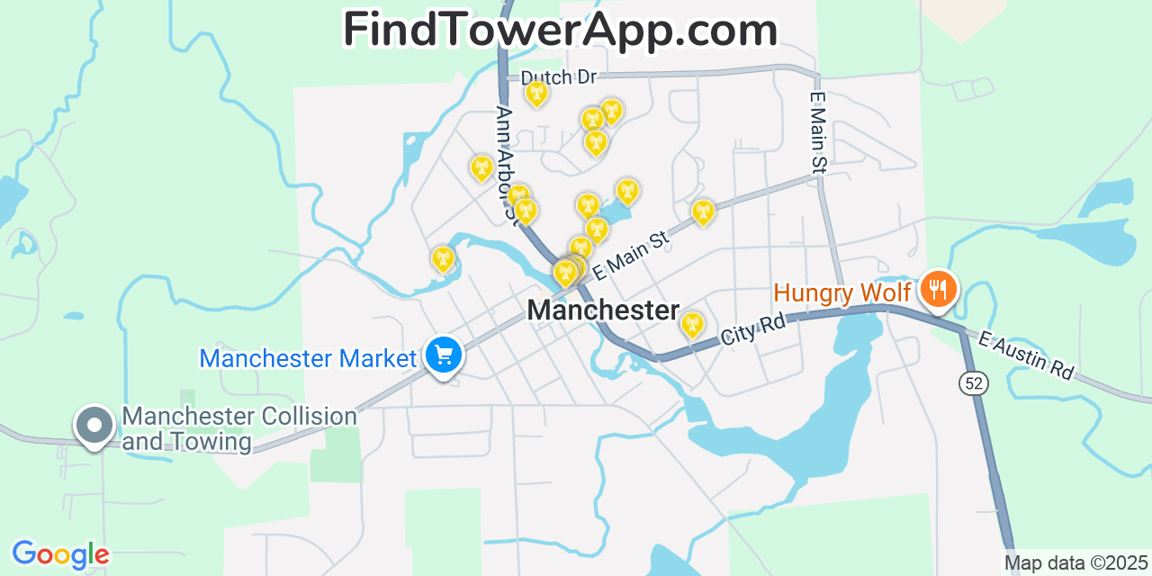 Map showing the 20 primary cell tower locations detected in Manchester, Michigan from AT&T, Verizon, and T-Mobile networks