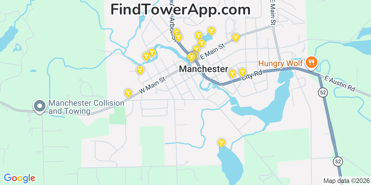 Map showing the 20 primary cell tower locations detected in Manchester, Michigan from AT&T, Verizon, and T-Mobile networks