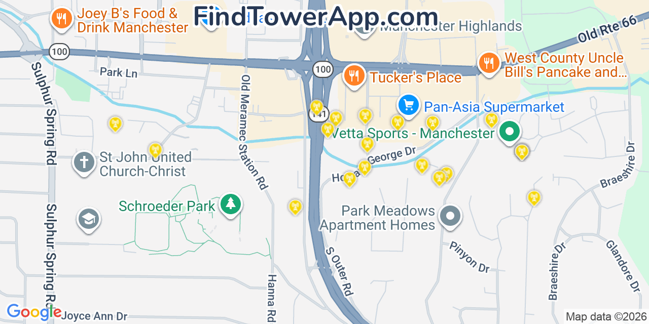 Map showing the 20 primary cell tower locations detected in Manchester, Missouri from AT&T, Verizon, and T-Mobile networks