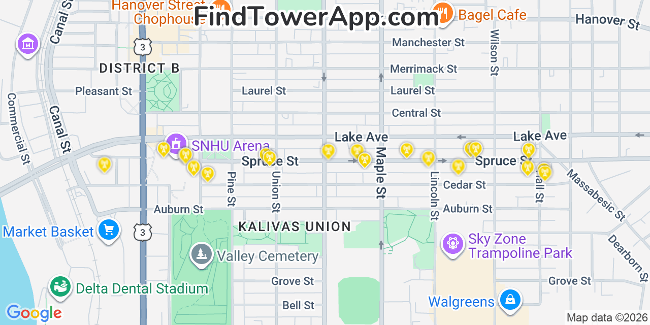 Map showing the 20 primary cell tower locations detected in Manchester, New Hampshire from AT&T, Verizon, and T-Mobile networks