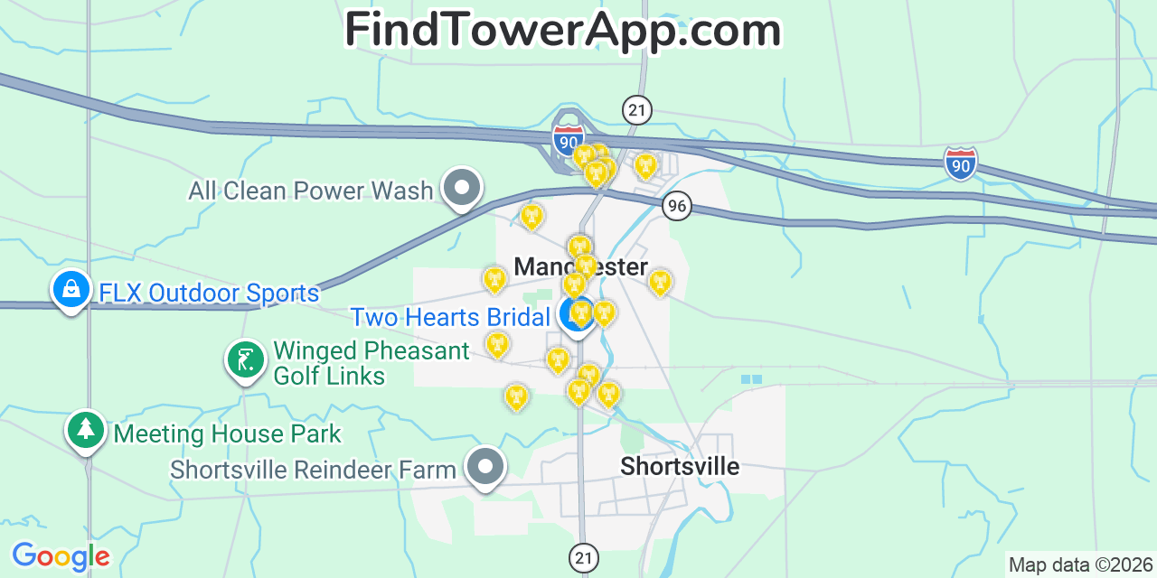 Map showing the 20 primary cell tower locations detected in Manchester, New York from AT&T, Verizon, and T-Mobile networks