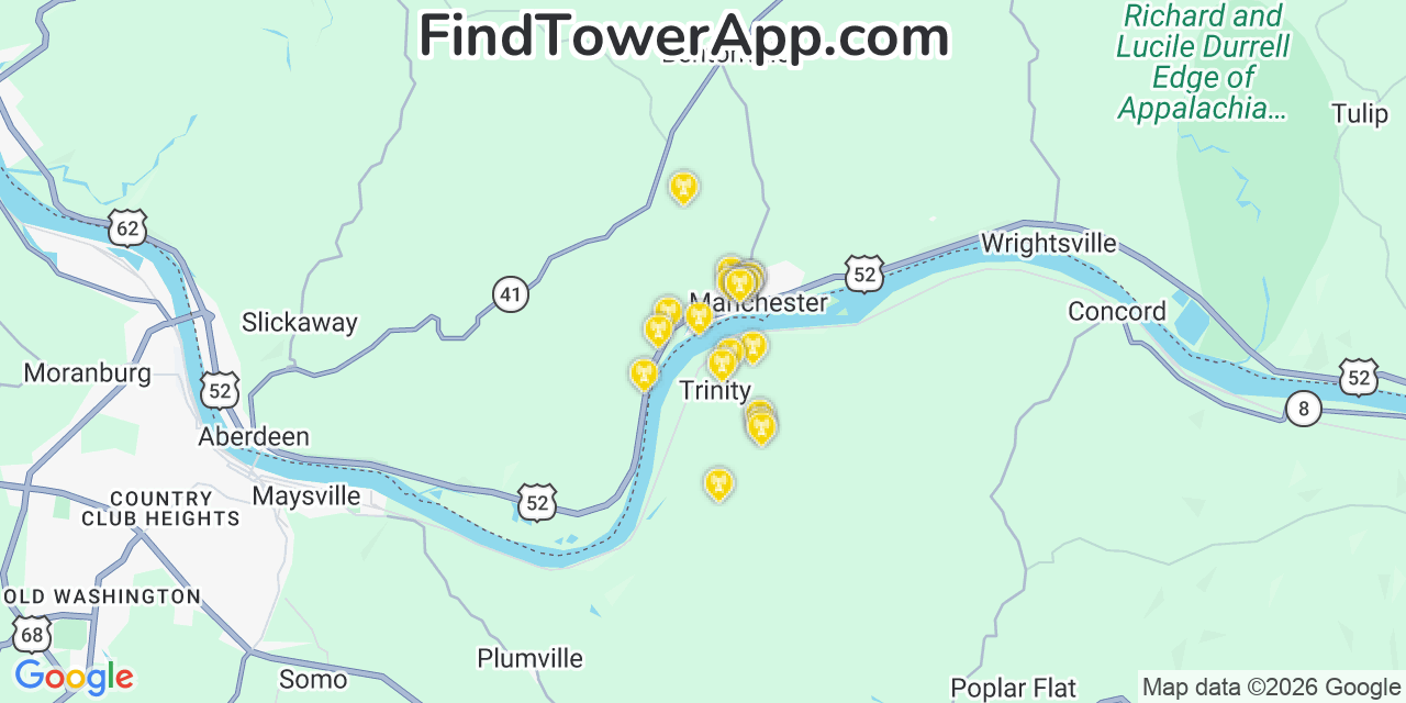 Map showing the 20 primary cell tower locations detected in Manchester, Ohio from AT&T, Verizon, and T-Mobile networks