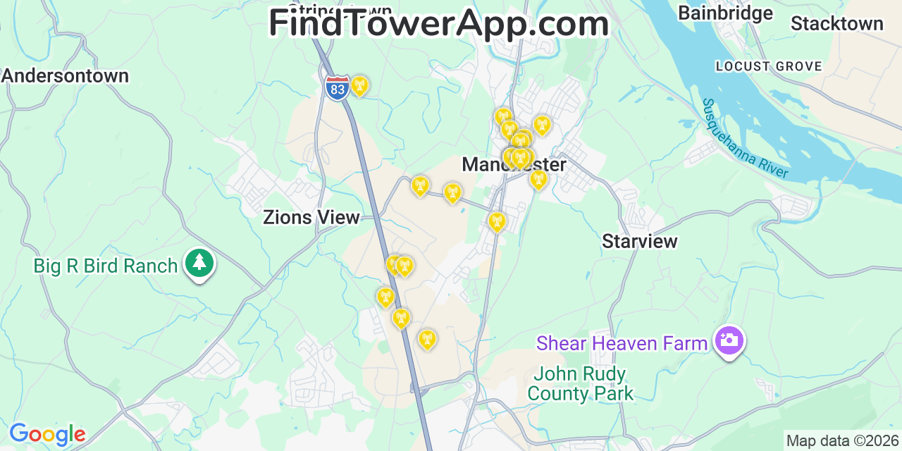 Map showing the 20 primary cell tower locations detected in Manchester, Pennsylvania from AT&T, Verizon, and T-Mobile networks