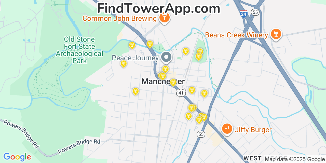 Map showing the 20 primary cell tower locations detected in Manchester, Tennessee from AT&T, Verizon, and T-Mobile networks