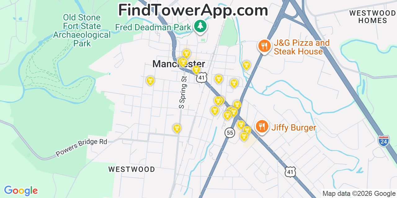 Map showing the 20 primary cell tower locations detected in Manchester, Tennessee from AT&T, Verizon, and T-Mobile networks