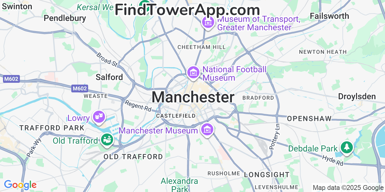 Map showing the 0 primary EE cell tower locations detected in Manchester, United Kingdom with coverage radius and signal strength indicators