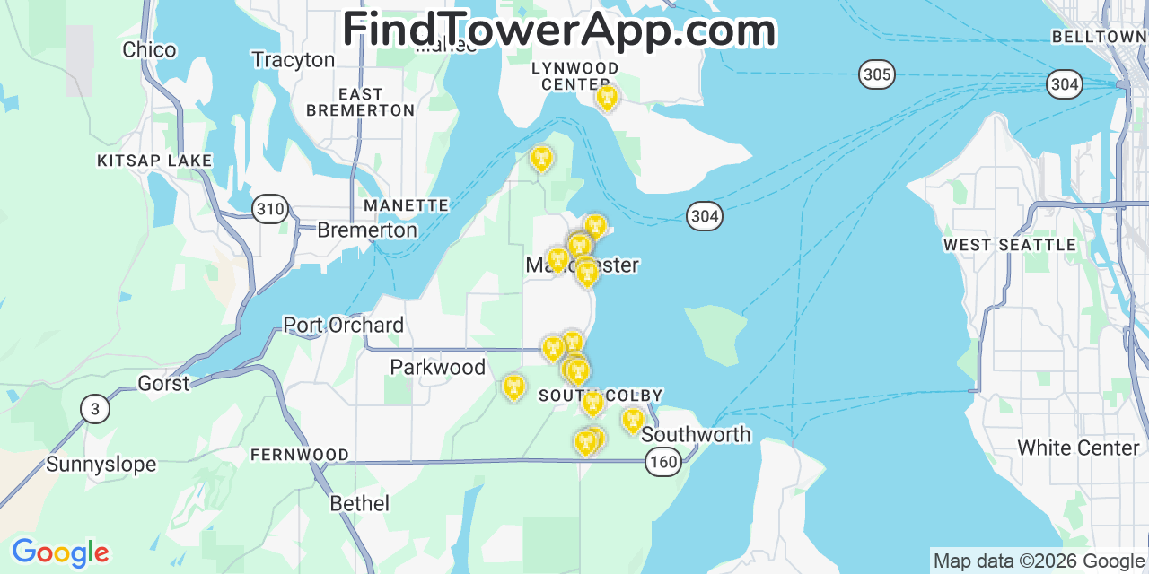 Map showing the 20 primary cell tower locations detected in Manchester, Washington from AT&T, Verizon, and T-Mobile networks