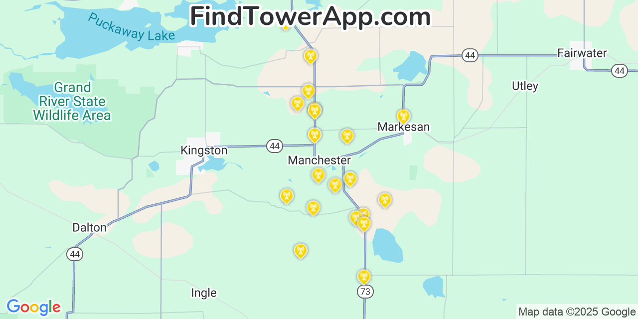 Map showing the 20 primary cell tower locations detected in Manchester, Wisconsin from AT&T, Verizon, and T-Mobile networks