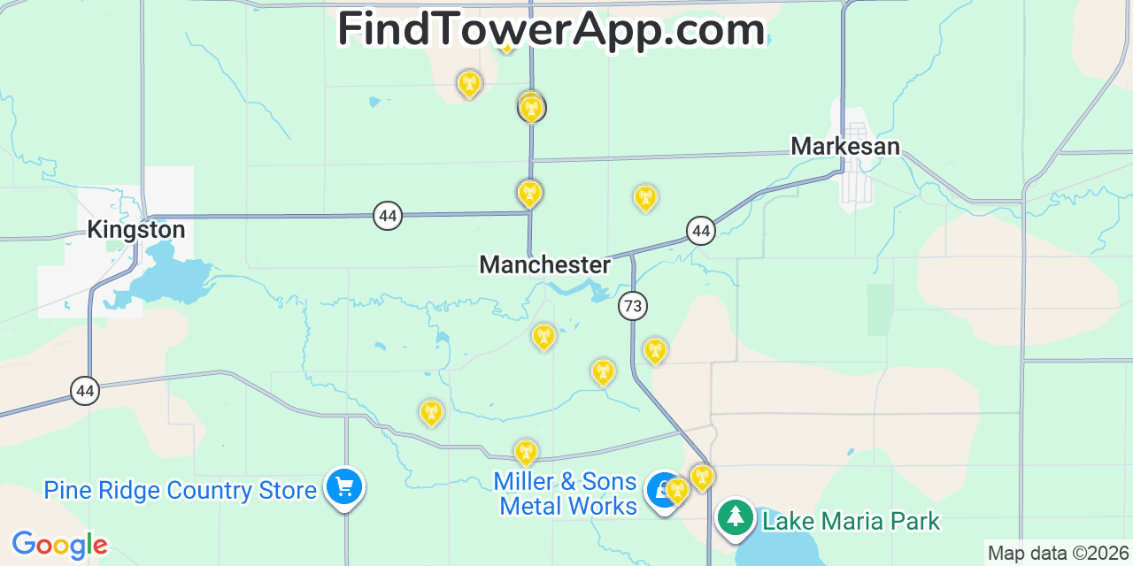 Map showing the 20 primary cell tower locations detected in Manchester, Wisconsin from AT&T, Verizon, and T-Mobile networks