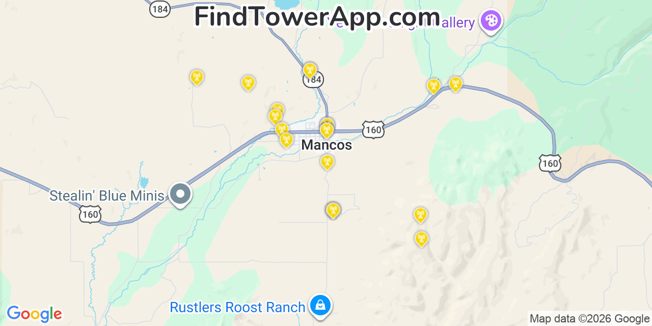 Map showing the 20 primary cell tower locations detected in Mancos, Colorado from AT&T, Verizon, and T-Mobile networks
