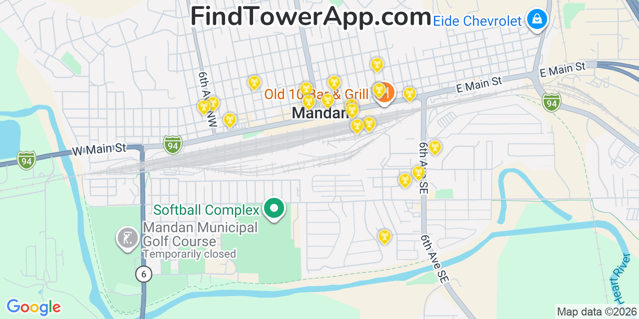 Map showing the 20 primary cell tower locations detected in Mandan, North Dakota from AT&T, Verizon, and T-Mobile networks
