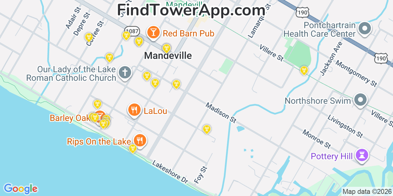 Map showing the 20 primary cell tower locations detected in Mandeville, Louisiana from AT&T, Verizon, and T-Mobile networks