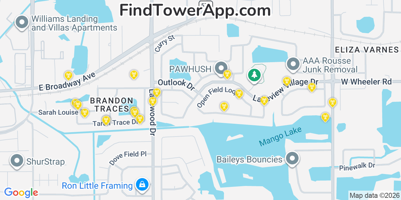 Map showing the 20 primary cell tower locations detected in Mango, Florida from AT&T, Verizon, and T-Mobile networks