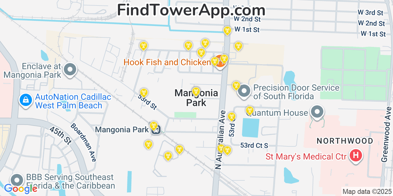 Map showing the 20 primary cell tower locations detected in Mangonia Park, Florida from AT&T, Verizon, and T-Mobile networks