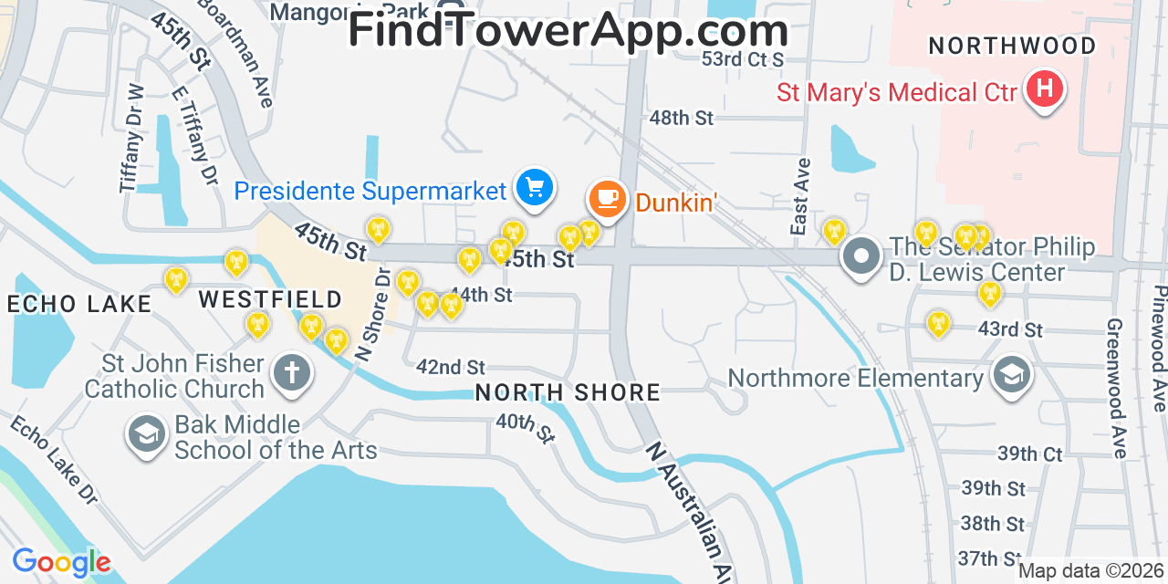 Map showing the 20 primary cell tower locations detected in Mangonia Park, Florida from AT&T, Verizon, and T-Mobile networks