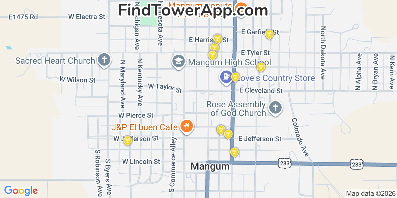 Map showing the 20 primary cell tower locations detected in Mangum, Oklahoma from AT&T, Verizon, and T-Mobile networks