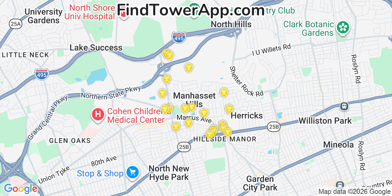 Map showing the 20 primary cell tower locations detected in Manhasset Hills, New York from AT&T, Verizon, and T-Mobile networks