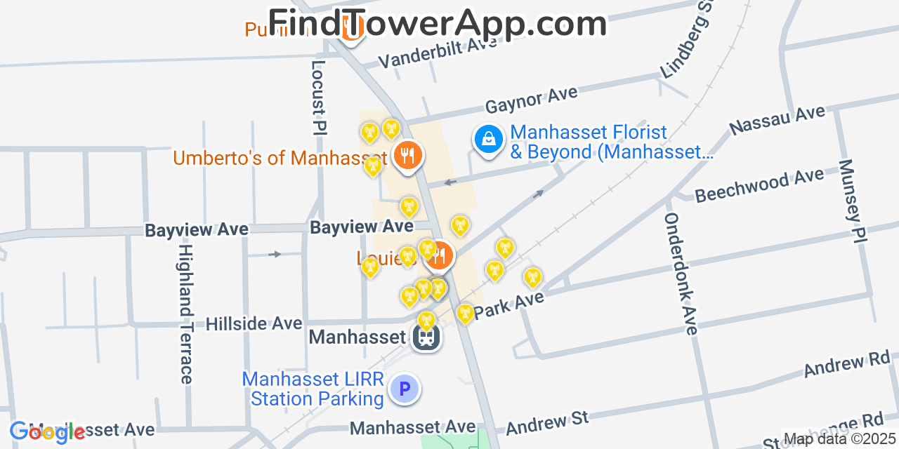 Map showing the 20 primary cell tower locations detected in Manhasset, New York from AT&T, Verizon, and T-Mobile networks